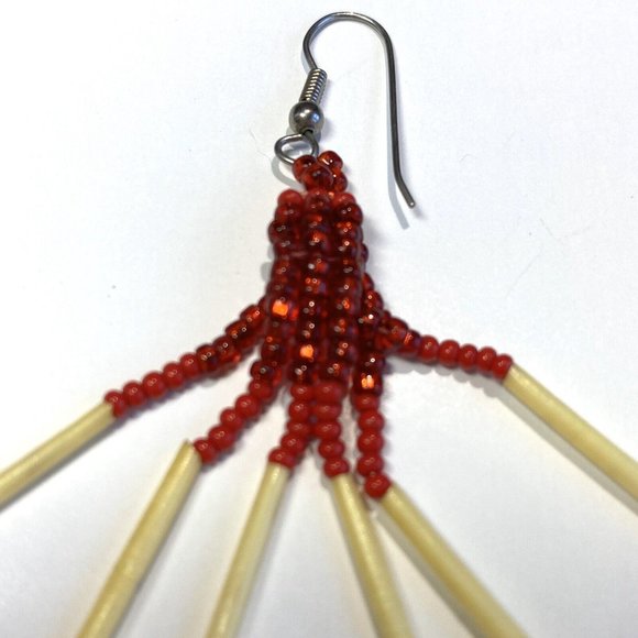 Red Cream Ivory Colored Quill Red Beads Dangling Silver Toned Earrings - Picture 6 of 6